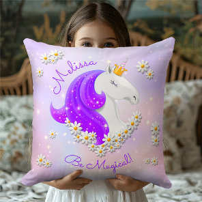 Pink Lilac Princess Unicorn Floral Throw Pillow