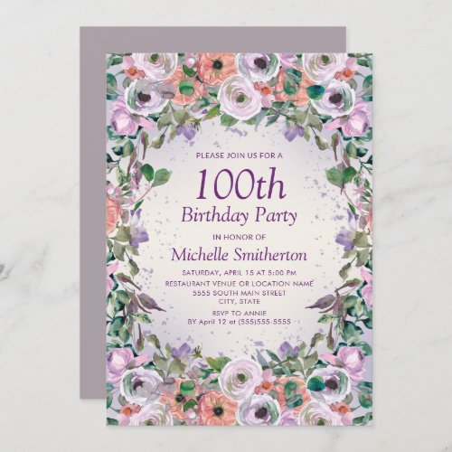 Pink Lilac Purple Watercolor Floral 100th Birthday Invitation