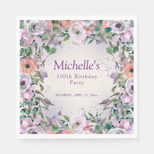 Pink Lilac Purple Watercolor Floral 100th Birthday Napkins