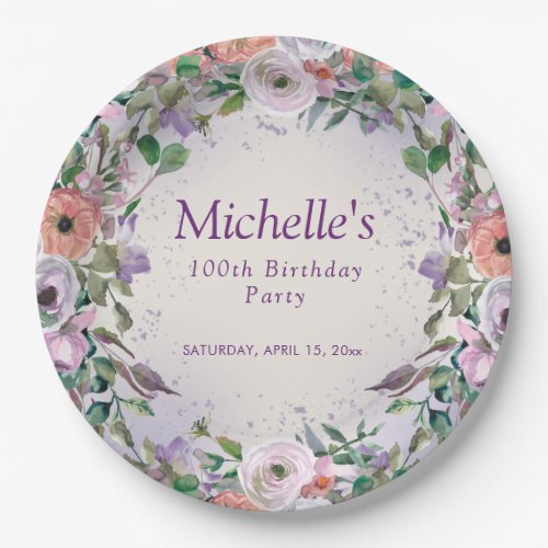 Pink Lilac Purple Watercolor Floral 100th Birthday Paper Plates