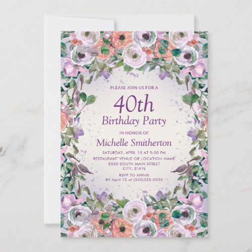 Pink Lilac Purple Watercolor Floral 40th Birthday Invitation