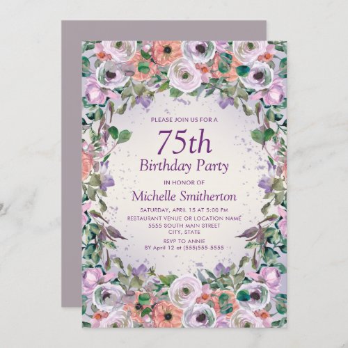 Pink Lilac Purple Watercolor Floral 75th Birthday Invitation