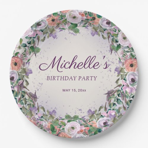Pink Lilac Purple Watercolor Floral Birthday Paper Plates