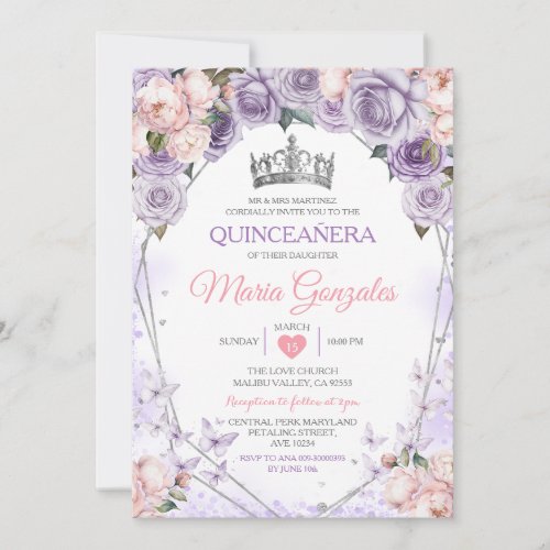 Pink Lilac Quinceaera Crown Mexican Butterfly Invitation