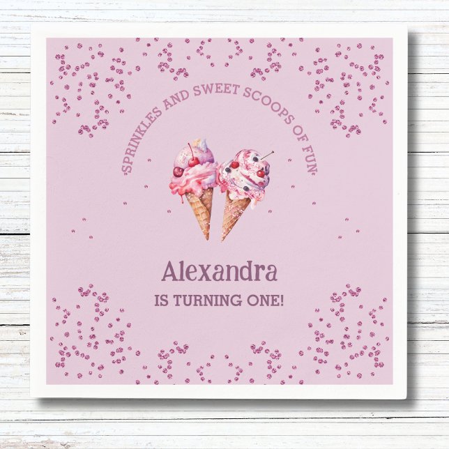 Pink Lilac Scoop Girl Ice Cream 1st Birthday Party Napkins (Creator Uploaded)