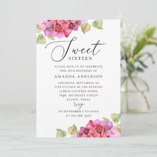 Pink lilac Sweet 16. Watercolor floral birthday Invitation