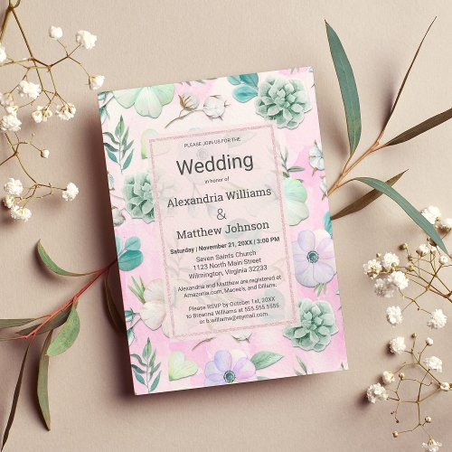 Pink Lilac Teal Blue Watercolor Floral Wedding Invitation