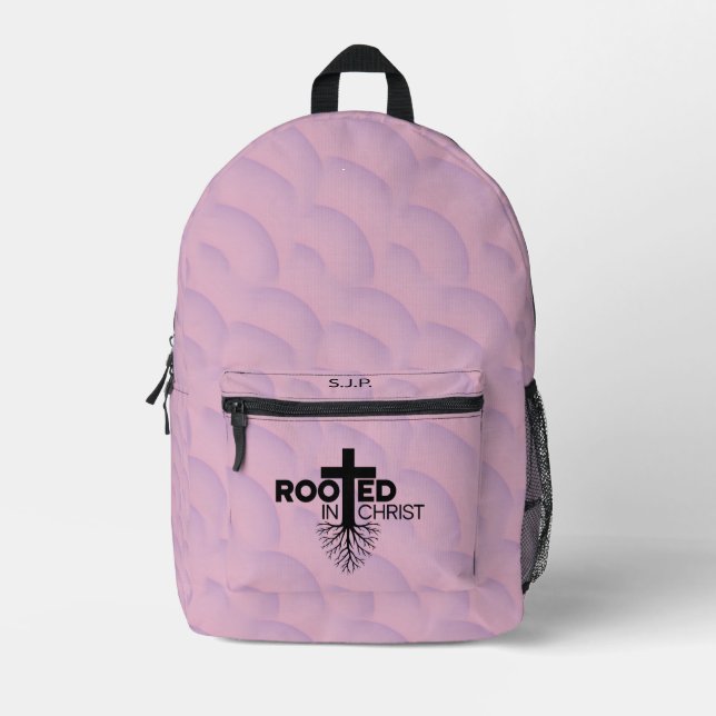 Pink Lilac Wavy Bubbles Rooted In Christ Christian Printed Backpack (Front)