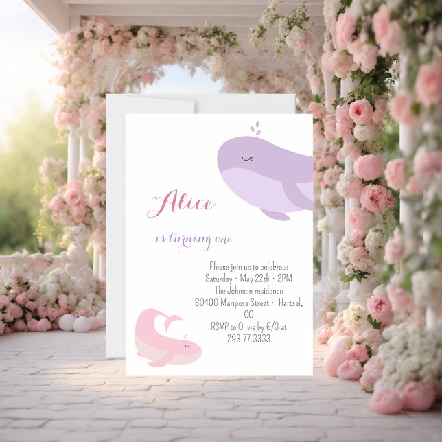 Pink Lilac Whale Sea Fish 1st Birthday Party Invitation (Creator Uploaded)