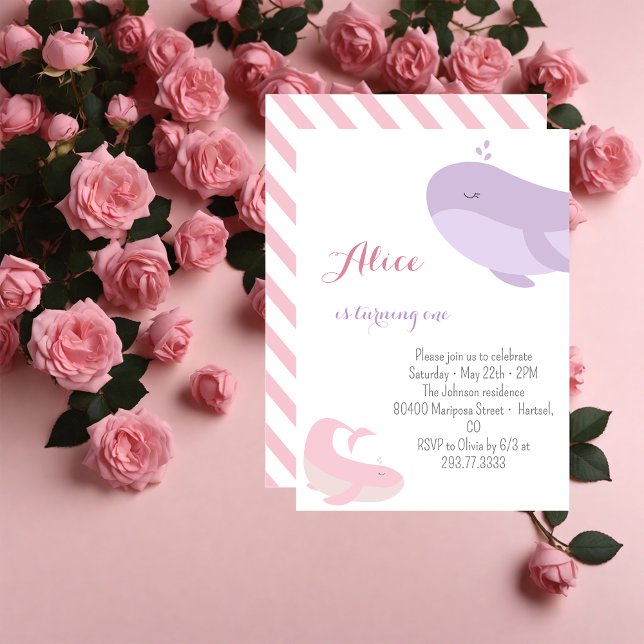 Pink Lilac Whale Sea Fish 1st Birthday Party Invitation (Creator Uploaded)
