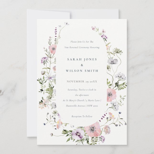Pink Lilac Wildflower Frame Vow Renewal Invite (Front)