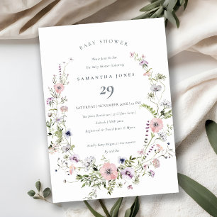 Pink Lilac Wildflower Wreath Baby Shower Invite