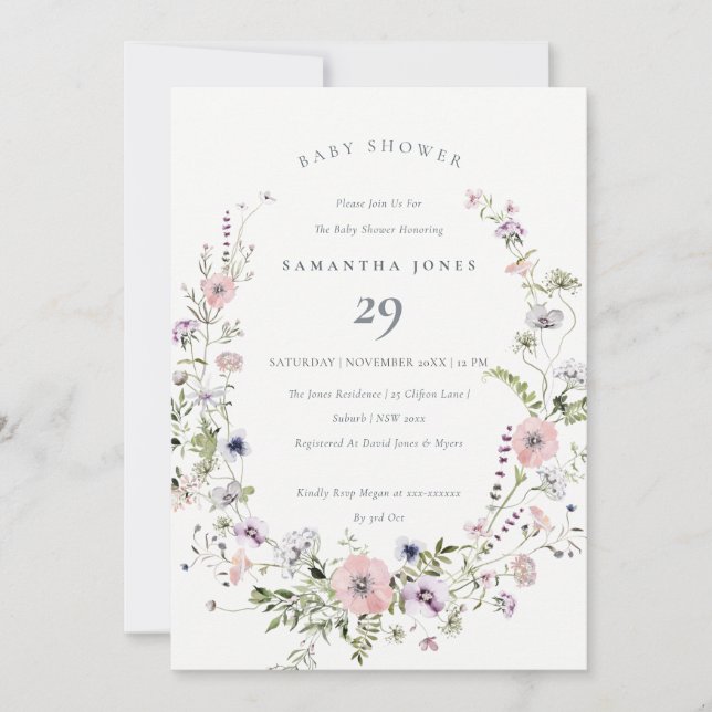Pink Lilac Wildflower Wreath Baby Shower Invite (Front)