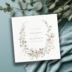 Pink Lilac Wildflower Wreath Wedding Thank You Napkins