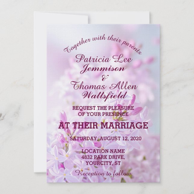 Pink Lilacs Customizable Wedding Invitation (Front)