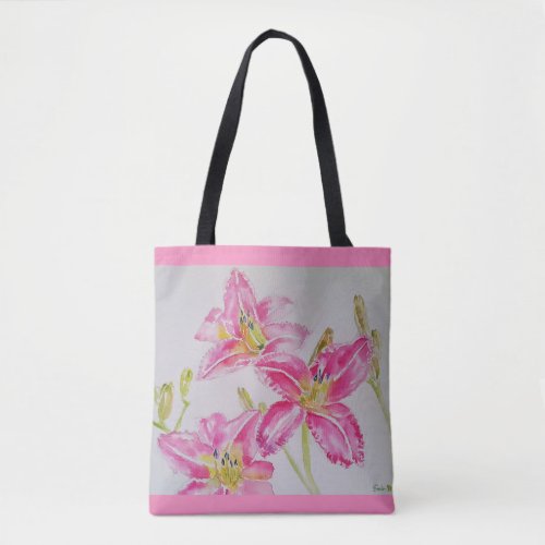 Pink Lilies Floral Watercolor Lily Flower Tote Bag