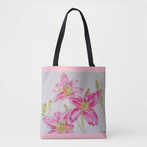 Pink Lilies Floral Watercolor Tote Bag