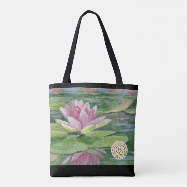Pink Lilies, Lily Pads, Reflections Tote Bag (Back)