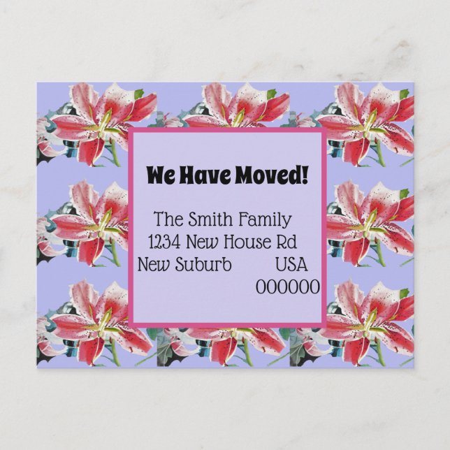 Pink Lilies New Address Postcard, We Are Moving Postcard (Front)