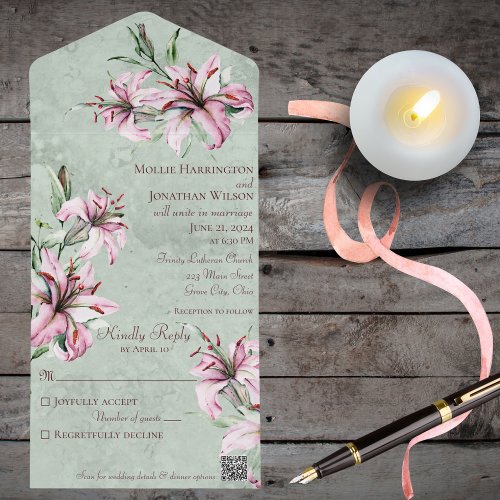 Pink Lilies on Distressed Sage Green with QR Code All In One Invitation
