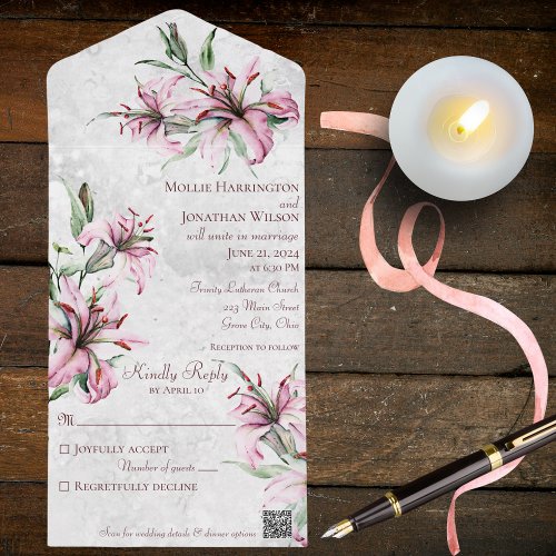 Pink Lilies on Distressed White with QR Code All In One Invitation
