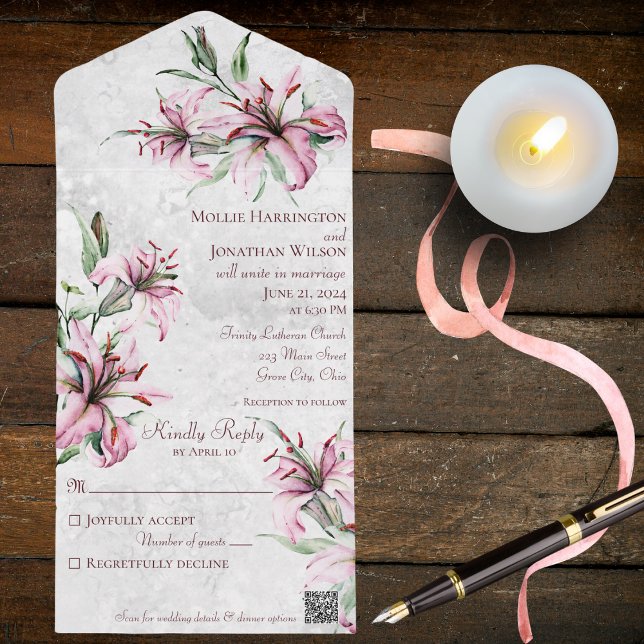 Pink Lilies on Distressed White with QR Code All In One Invitation (Creator Uploaded)