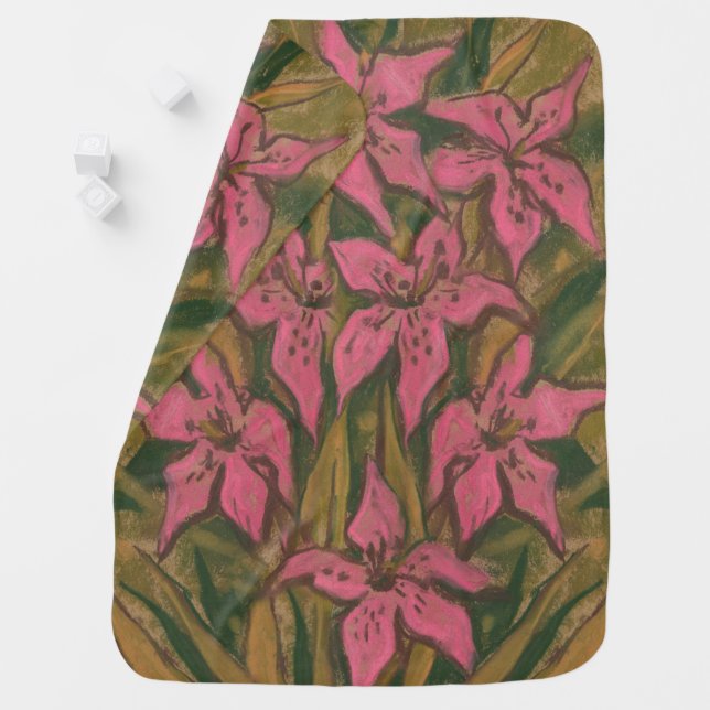 Pink Lilies, pastel painting, flowers, floral art Baby Blanket (In Situ)