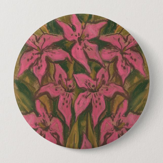 Pink Lilies, pastel painting, flowers, floral art Button (Front)