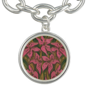 Pink Lilies, pastel painting, flowers, floral art Charm Bracelet