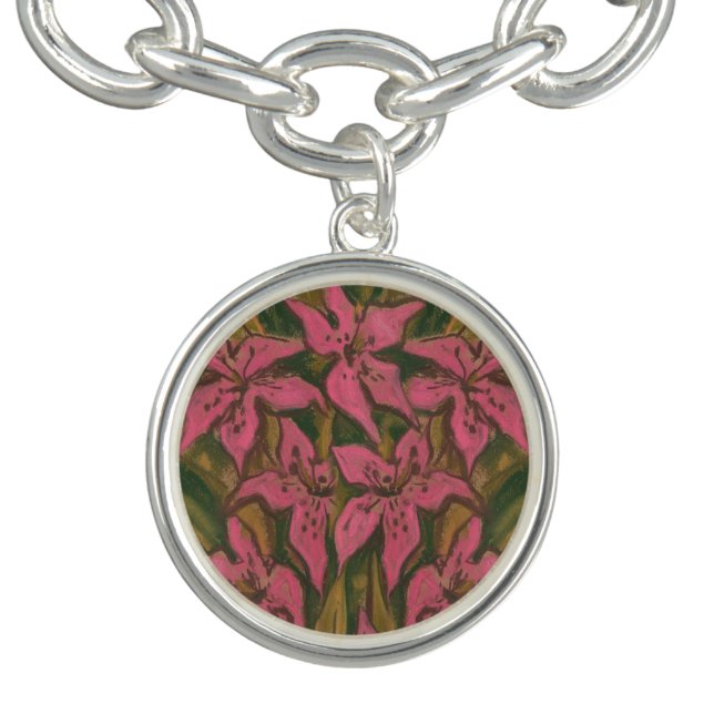Pink Lilies, pastel painting, flowers, floral art Charm Bracelet (Design)