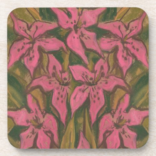 Pink Lilies, pastel painting, flowers, floral art Drink Coaster