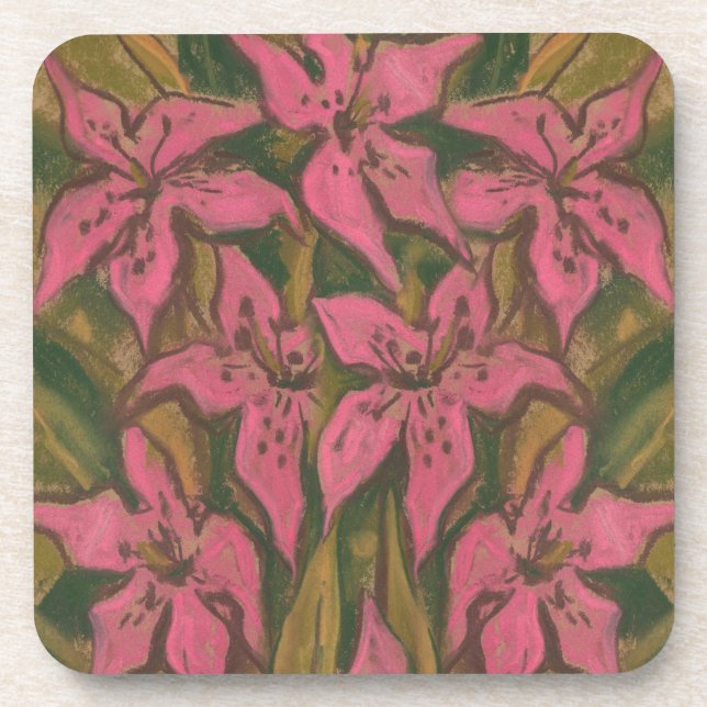 Pink Lilies, pastel painting, flowers, floral art Drink Coaster (Front)