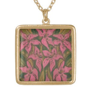 Pink Lilies, pastel painting, flowers, floral art Gold Plated Necklace