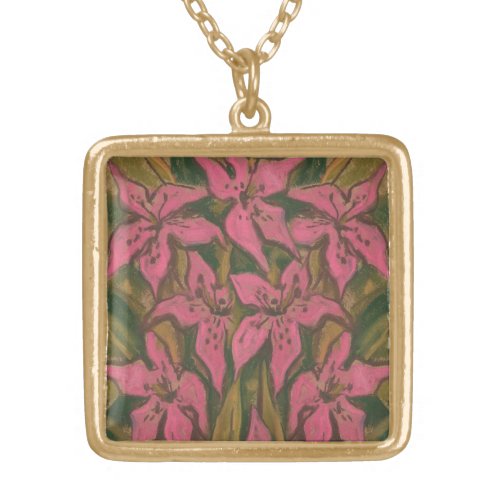 Pink Lilies, pastel painting, flowers, floral art Gold Plated Necklace