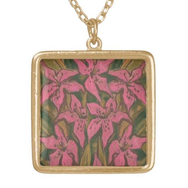 Pink Lilies, pastel painting, flowers, floral art Gold Plated Necklace (Front)