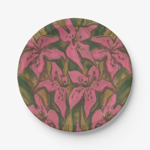 Pink Lilies, pastel painting, flowers, floral art Paper Plates