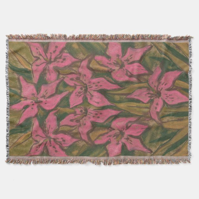 Pink Lilies, pastel painting, flowers, floral art Throw Blanket (Front)