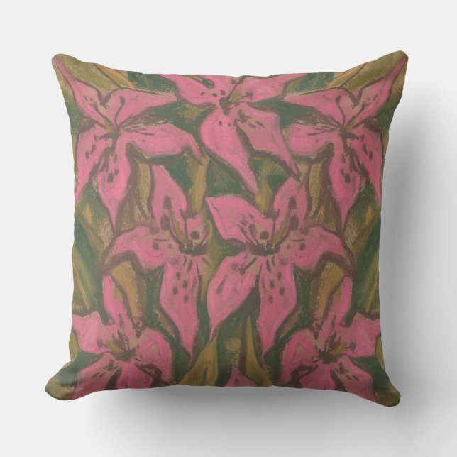 Pink Lilies, pastel painting, flowers, floral art Throw Pillow (Front)