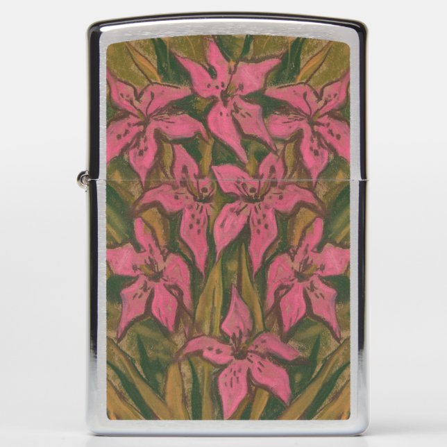 Pink Lilies, pastel painting, flowers, floral art Zippo Lighter (Front)