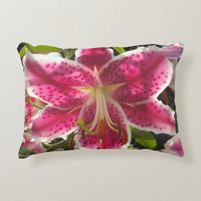 Pink lilies pink tropical flowers pink floral accent pillow (Front)