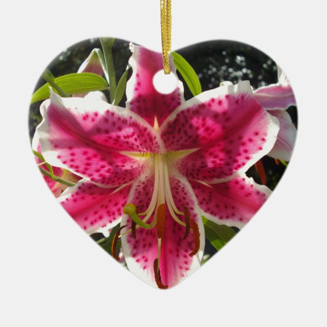 Pink lilies pink tropical flowers pink floral ceramic ornament (Front)