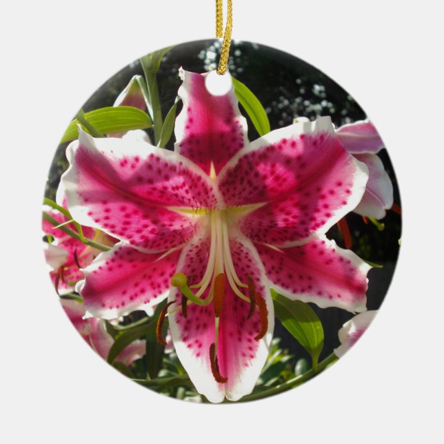 Pink lilies pink tropical flowers pink floral ceramic ornament (Front)