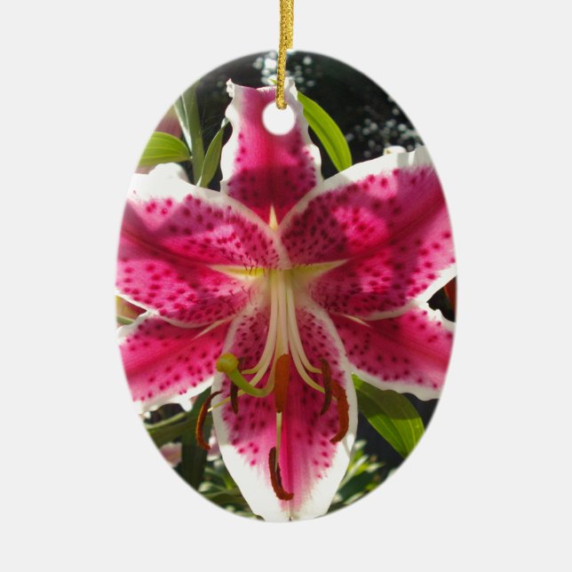 Pink lilies pink tropical flowers pink floral ceramic ornament (Front)