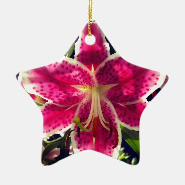 Pink lilies pink tropical flowers pink floral ceramic ornament (Front)