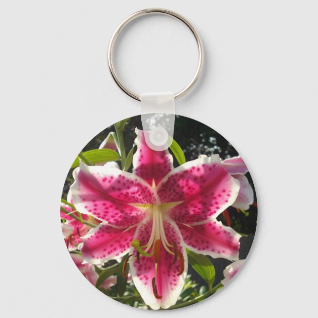 Pink lilies pink tropical flowers pink floral keychain (Front)