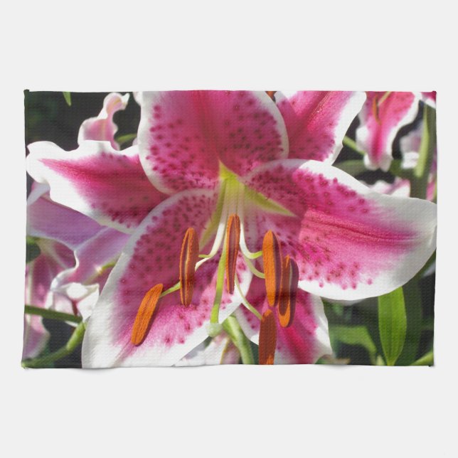 Pink lilies pink tropical flowers pink floral kitchen towel (Horizontal)