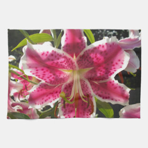 Pink lilies pink tropical flowers pink floral kitchen towel