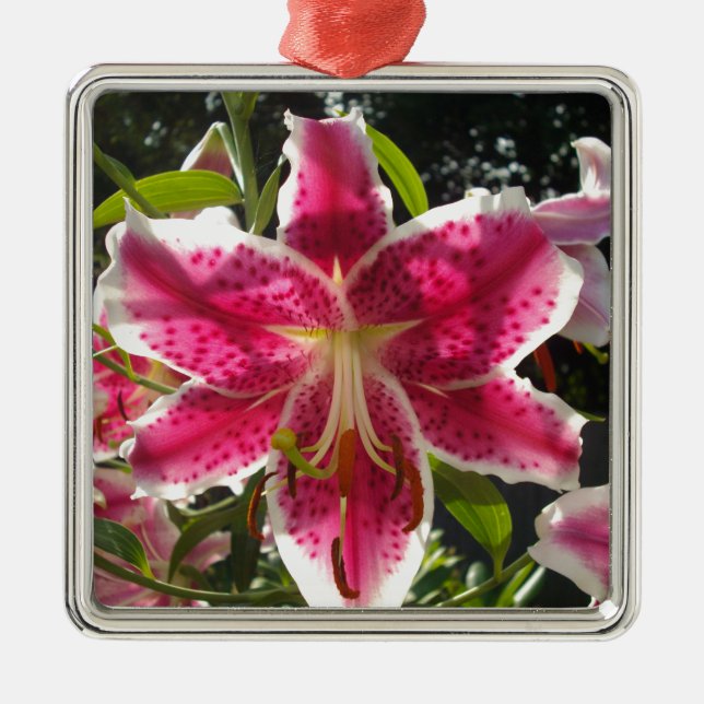 Pink lilies pink tropical flowers pink floral metal ornament (Front)
