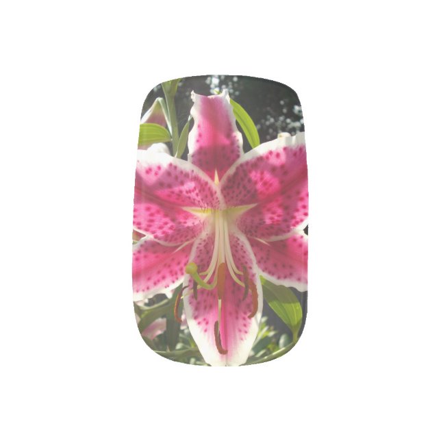 Pink lilies pink tropical flowers pink floral minx nail art (Left Thumb)