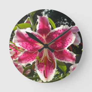 Pink lilies pink tropical flowers pink floral round clock